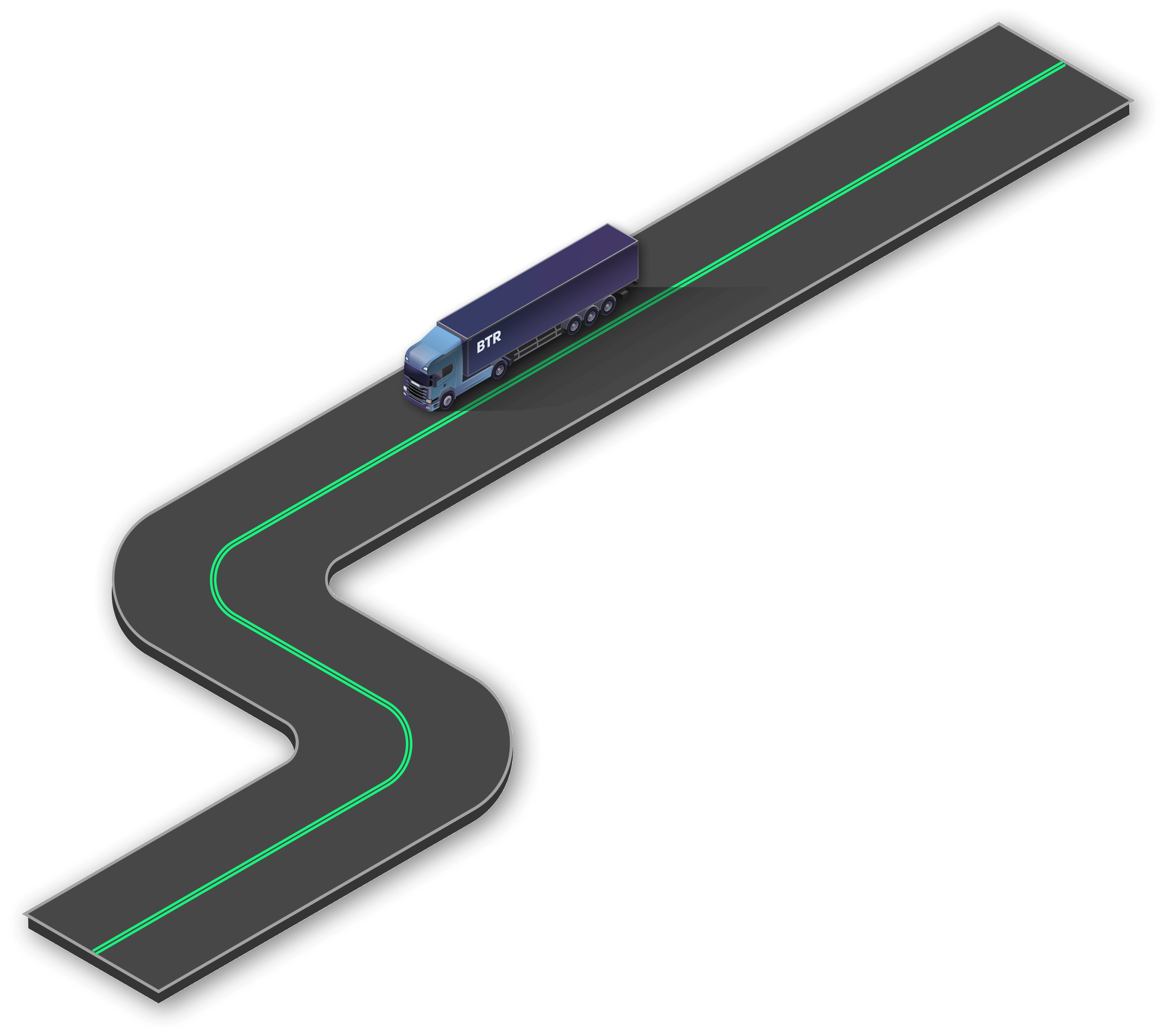 Isometric illustration of a BTR curtainsider semi trailer on a highway